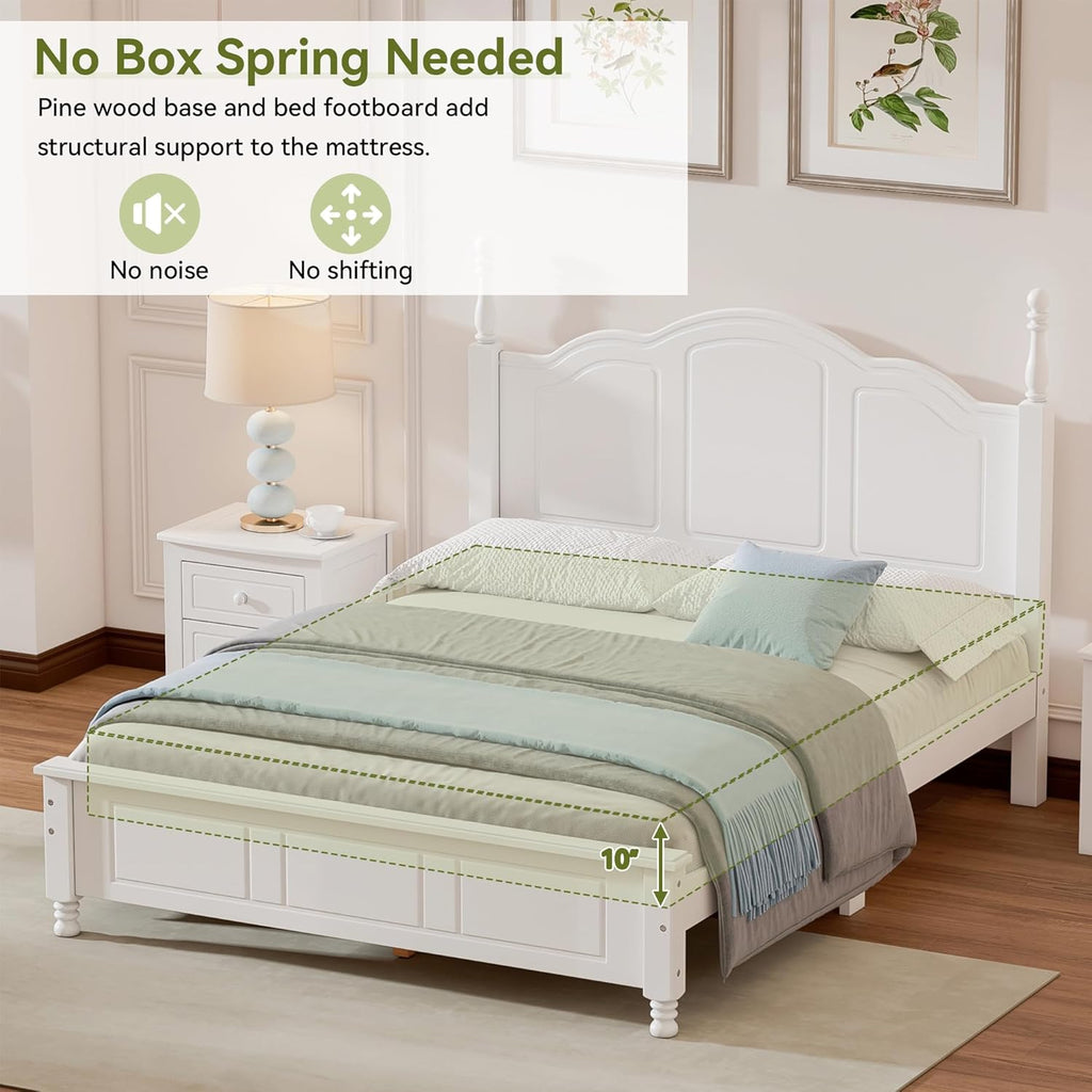 Vintage Queen Wood Bed Frame, Traditional Solid Wood Platform Bed with Retro Style Headboard, Traditional Town Style