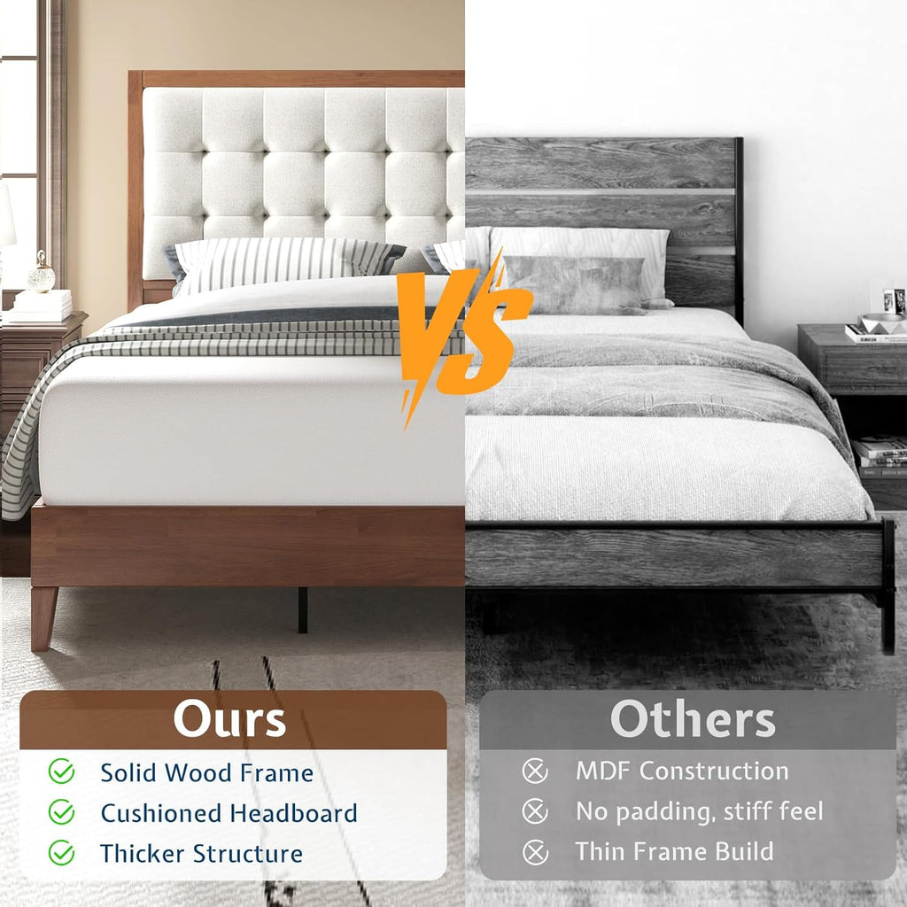 Solid Wood Queen Bed Frame 50.2" Tall Upholstered Headboard, Mid-Century Style, Stable Platform Support, No Box