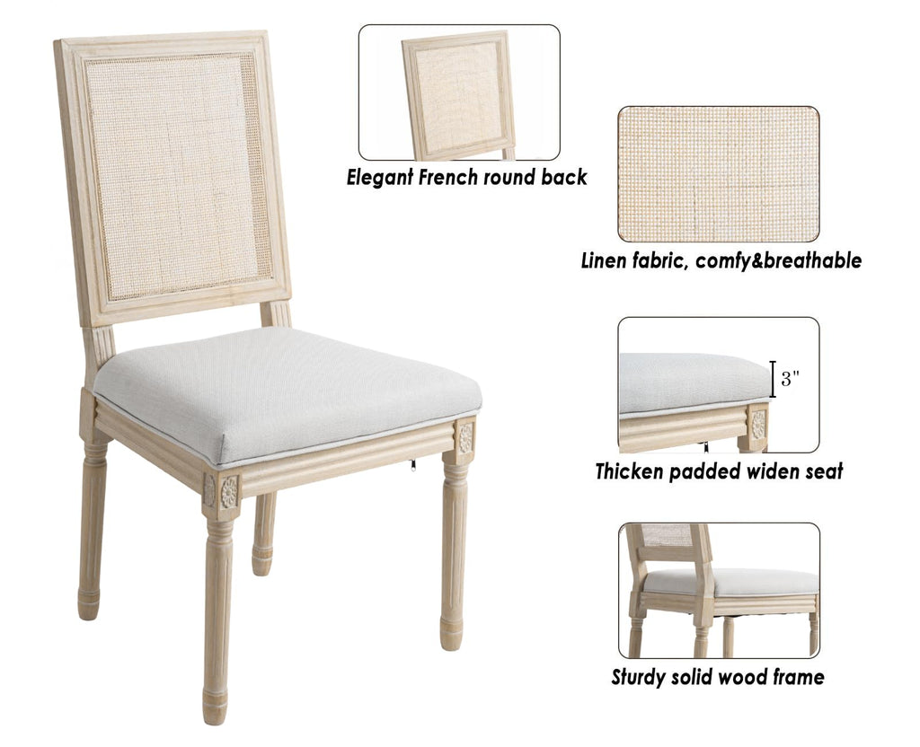 Farmhouse Dining Chairs Set of 6, French Rattan Dining Room Chairs with Distressed Wood Upholstered Vintage Side