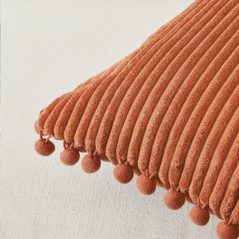 Pack of 2 Rust Fall Decorative Throw Pillow Covers 20x20 Inch with Pom-poms Couch Bedroom, Soft Corduroy Terracotta