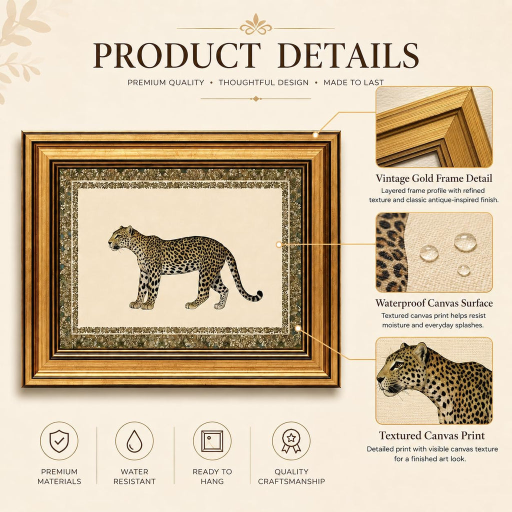 Gold Framed Leopard Cheetah Wall Art, Vintage Safari Wildlife Animal Canvas Prints, Aesthetic Wall Decor Posters