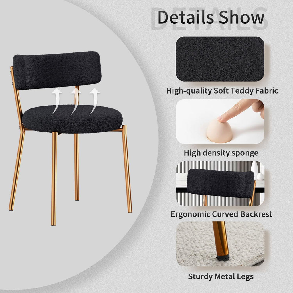 Boucle Set of 2, Modern Round Upholstered, Curved Backrest Kitchen Dining Room Chairs, Mid-Century Black Dining