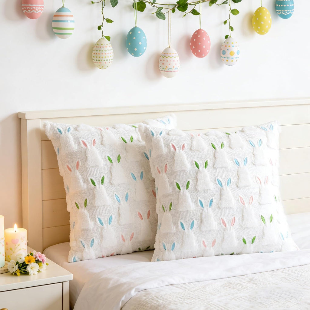 18" x 18" Pillow Covers, Easter Decorations Cute Soft Plush Bunny Throw Pillow, Spring Farmhouse Decorations - Set of 2