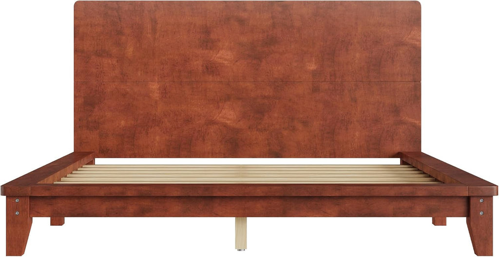 Mid-Century Full Size Wooden Bed Frames, Pine Wood Japanese Low Platform Bed with Brown Headboard, 7 inch Low Under
