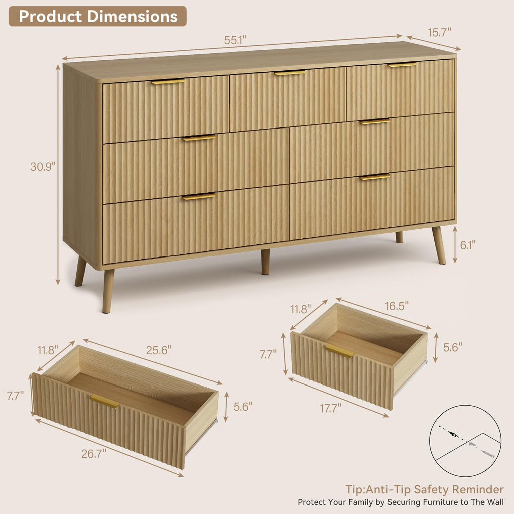 Fluted 7 Drawer Dresser, 55" Wide Wooden Chest of Drawers with Rounded Corners, Gold Handles, Modern Storage