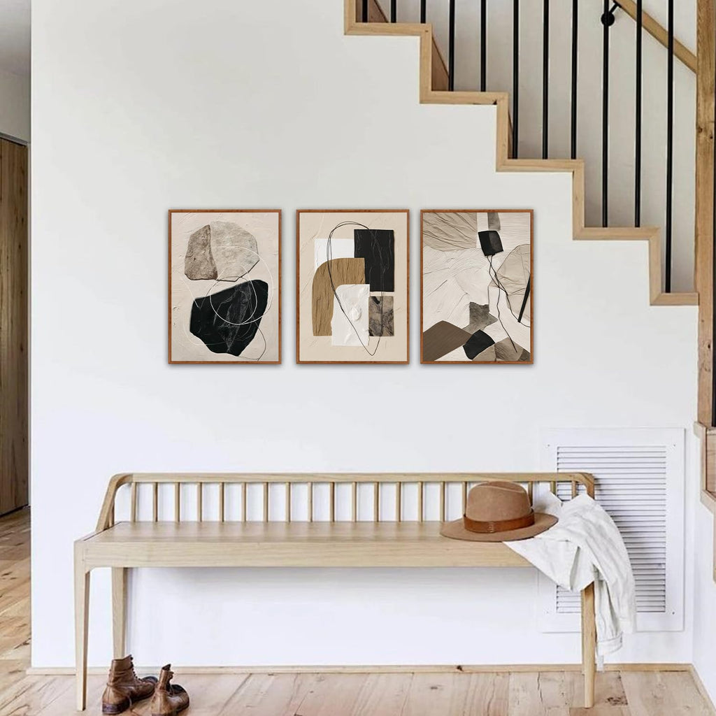 Neutral Abstract Framed Wall Art, Minimalist Geometric Wall Decor, 3 Piece Modern Canvas Prints, Boho Black And
