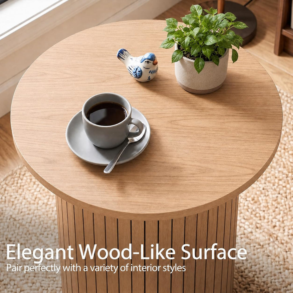 Round Side Table, Fluted Mid Century Modern Drum End Table, Natural