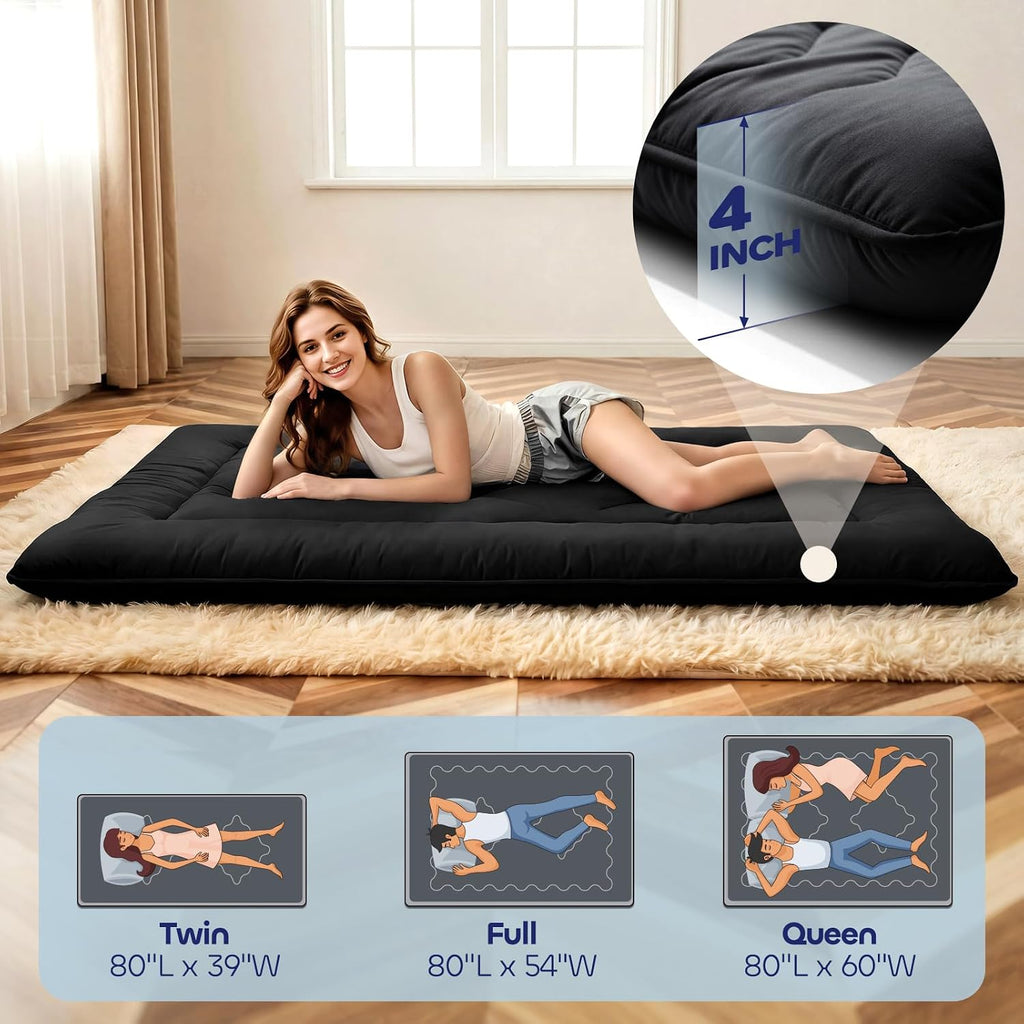 4" Thick Japanese Futon Mattress Foldable Floor Mattress for Guests, Dorms & Rooms, Portable Tatami Mat with Firm