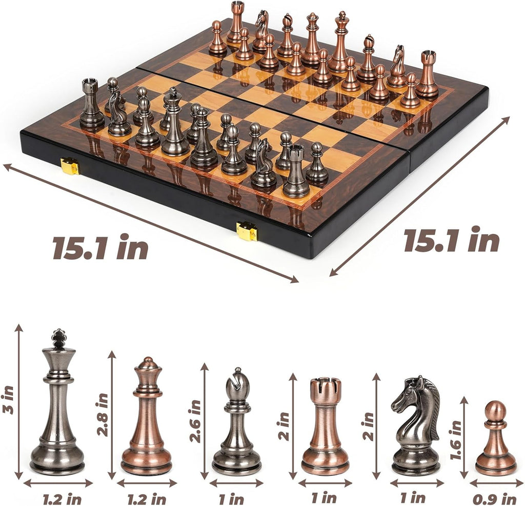 Luxury Metal Chess Set with 15 Inch Wooden Chess Board | Weighted Metal Chess Pieces | 2 Extra Queens | Professional