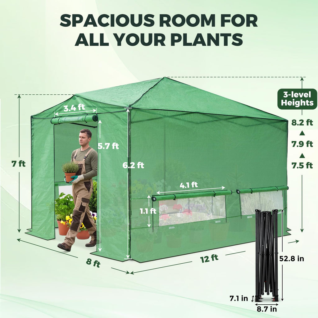 12x8 Easy Setup Pop Up Greenhouse, Support Pole, Clear/Green