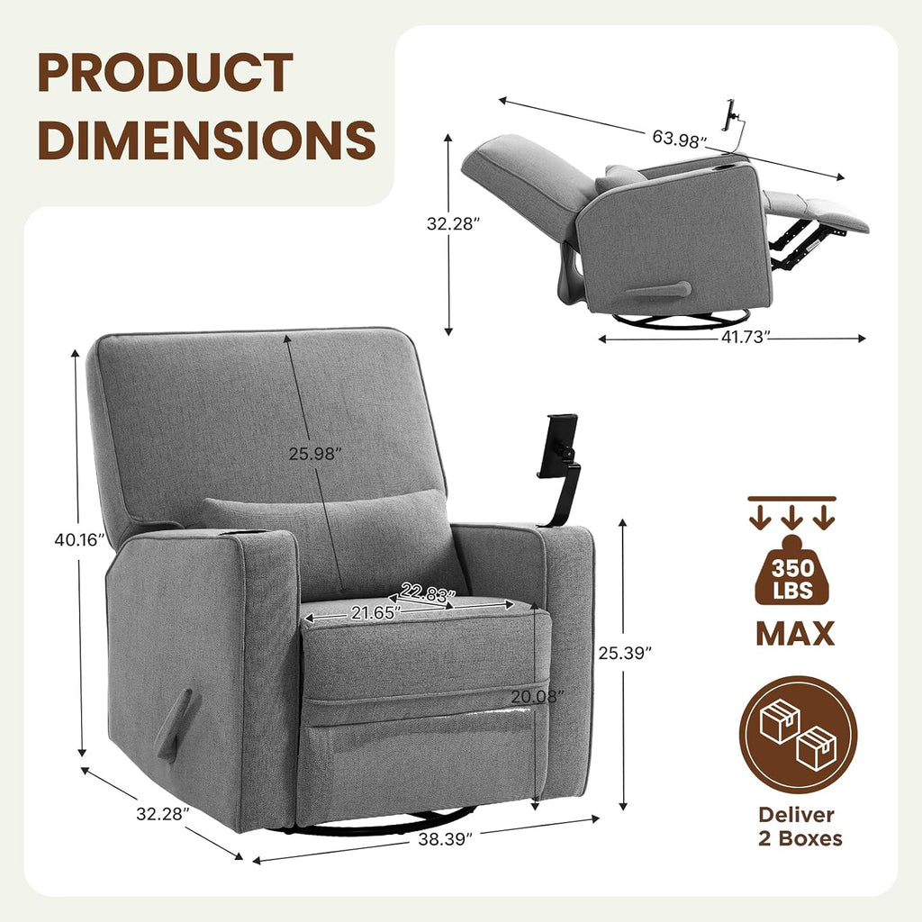 360° Swivel Rocker Recliner Chair with Adjustable Footrest, Rocking Chair Nursery with Phone Stand & Cup