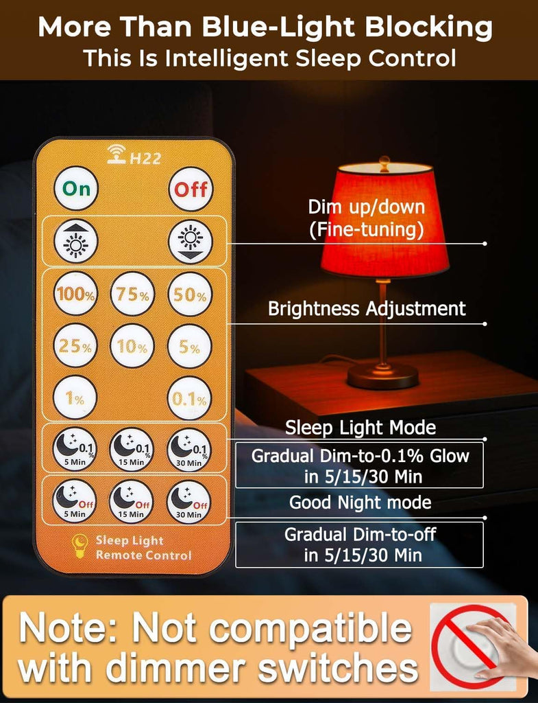 Amber Sleep Light Bulbs 1600K with Remote Control, E26 Blue Light Blocking A19, 9W for Sleep Therapy, Baby Nursery