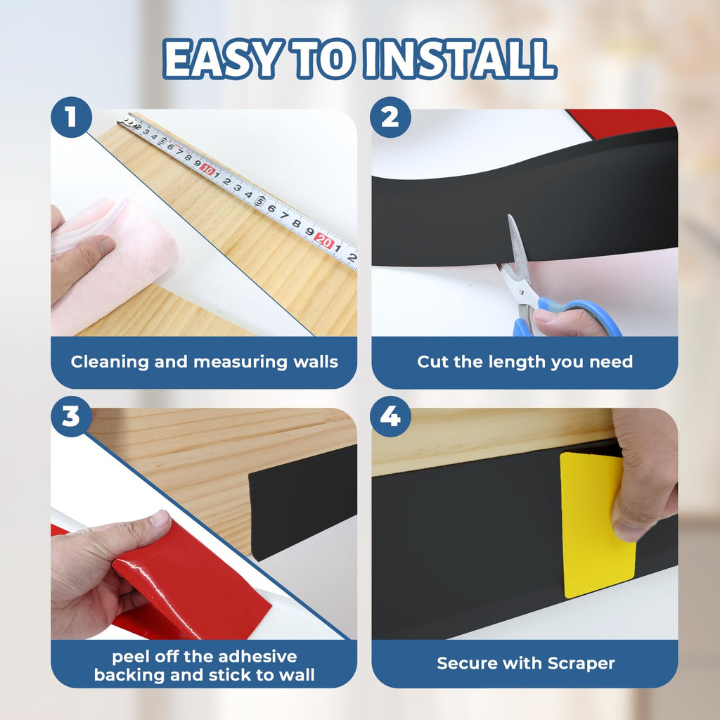 Baseboard Trim, Black Vinyl Peel and Stick Molding, 4" x 65 FT