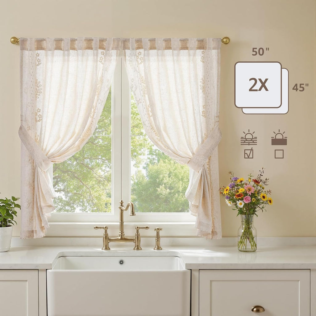 Belrose Linen Floral Cafe Curtains 45 Inch Length Embroidered Farmhouse Curtains for Kitchen Bedroom Bathroom Small