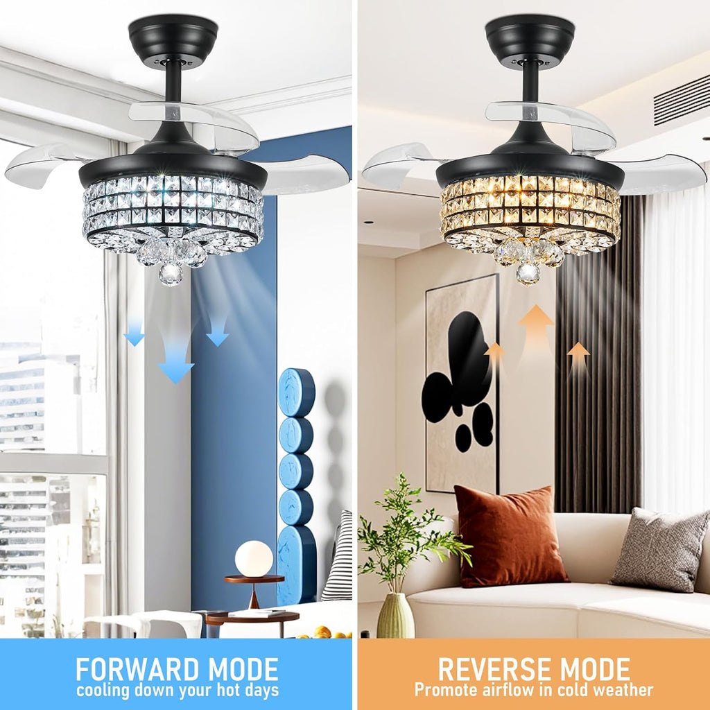 30" RGB Crystal Ceiling Fan with Light, Retractable Modern Chandelier Fan 6 Speeds Reversible Blades Black