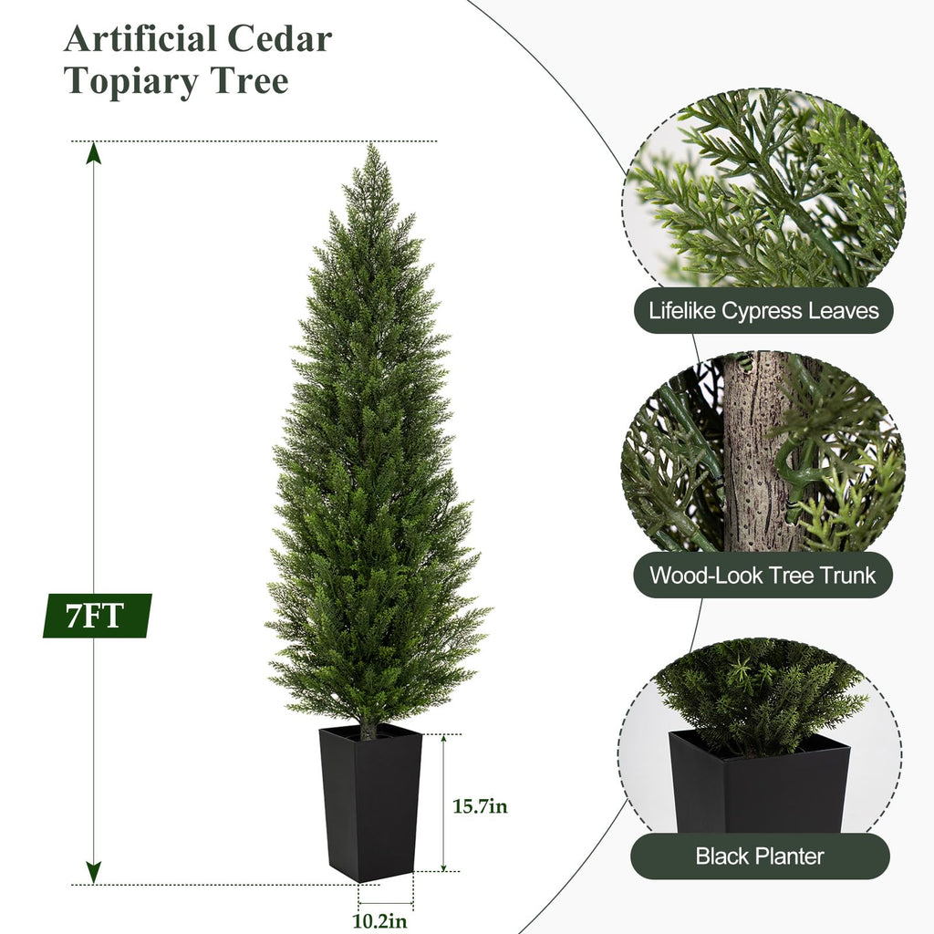 7FT Artificial Topiary Trees with Black Planter, Tall UV Resistant Fake Cedar Tree for Outdoor, Faux Shrubs Plants