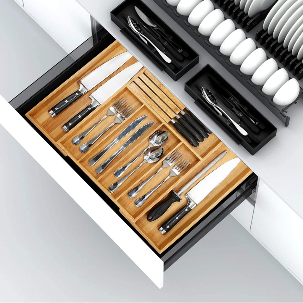 Bamboo Silverware Drawer Organizer, 7 Slots, Natural