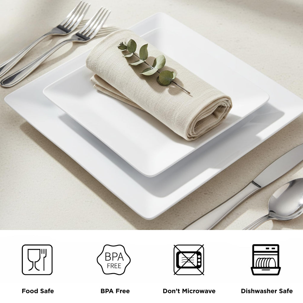 TP 12-Piece Melamine Dinnerware Sets, Square, Service for 4, White