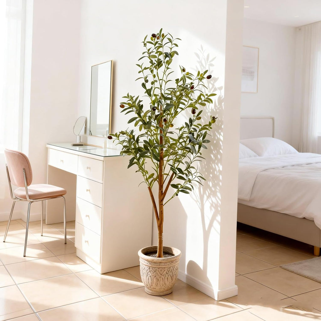 4FT Artificial Olive Tree Indoor, Tall Faux Olive Tree with Pot&Basket, Large Fake Olive Tree with Realistic 576 Silk