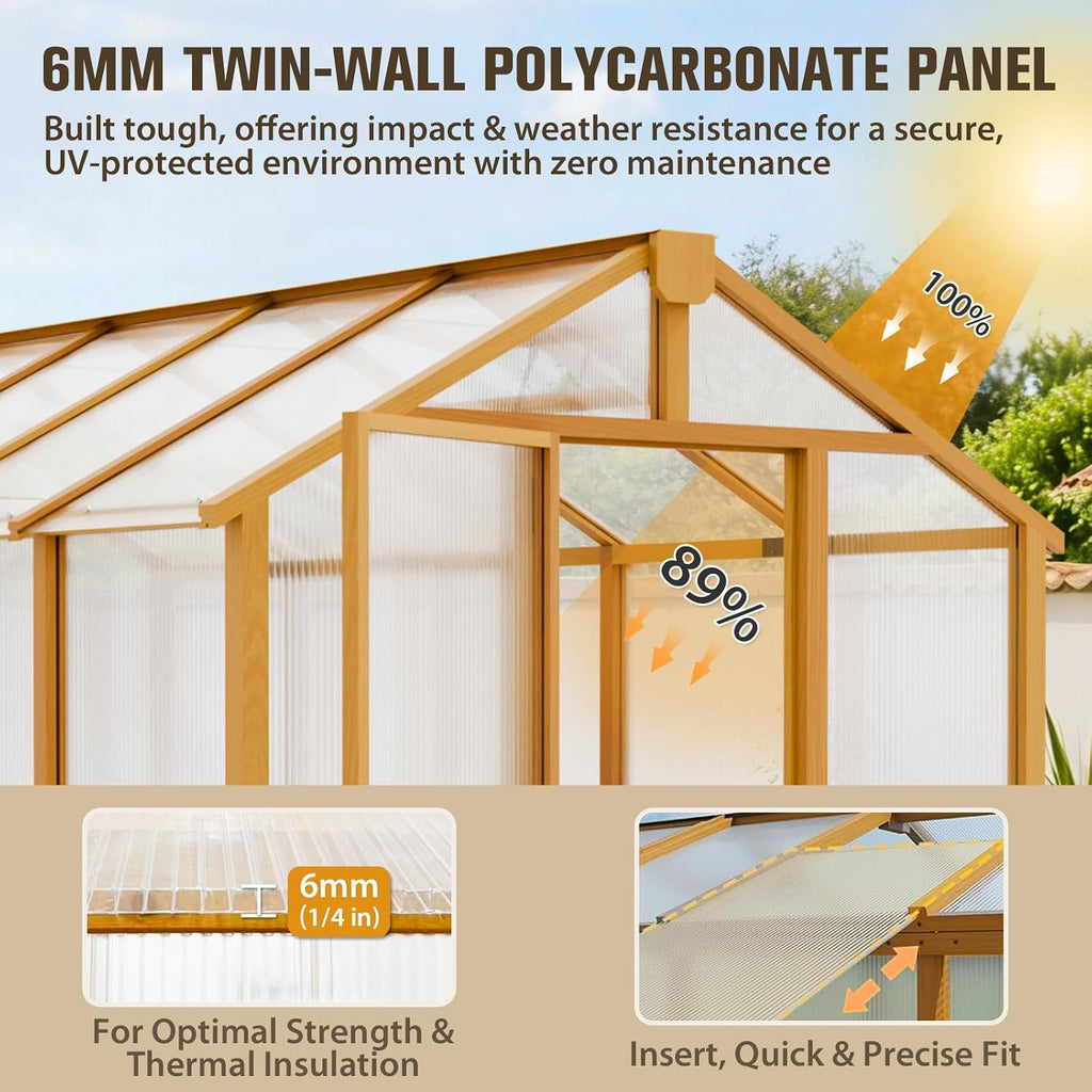 6x12ft Cedar Wood Greenhouse with Roof Vents, Outdoor Greenhouse Kit, Weather Resistant Plant Garden House, Natural