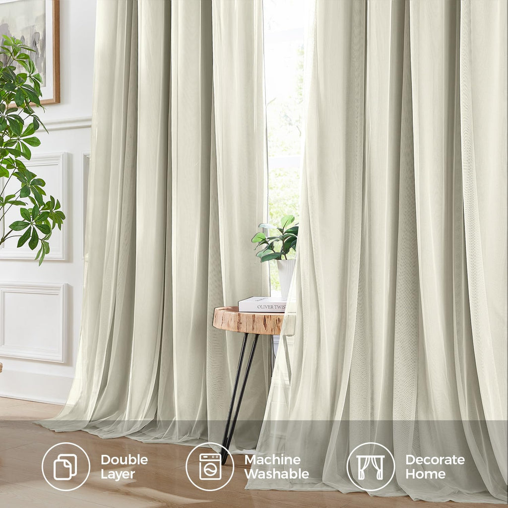 100% Blackout Curtains, Double Layer Ivory Curtains, Black Out Curtain 84 inch Long with Sheer Overlay, Room