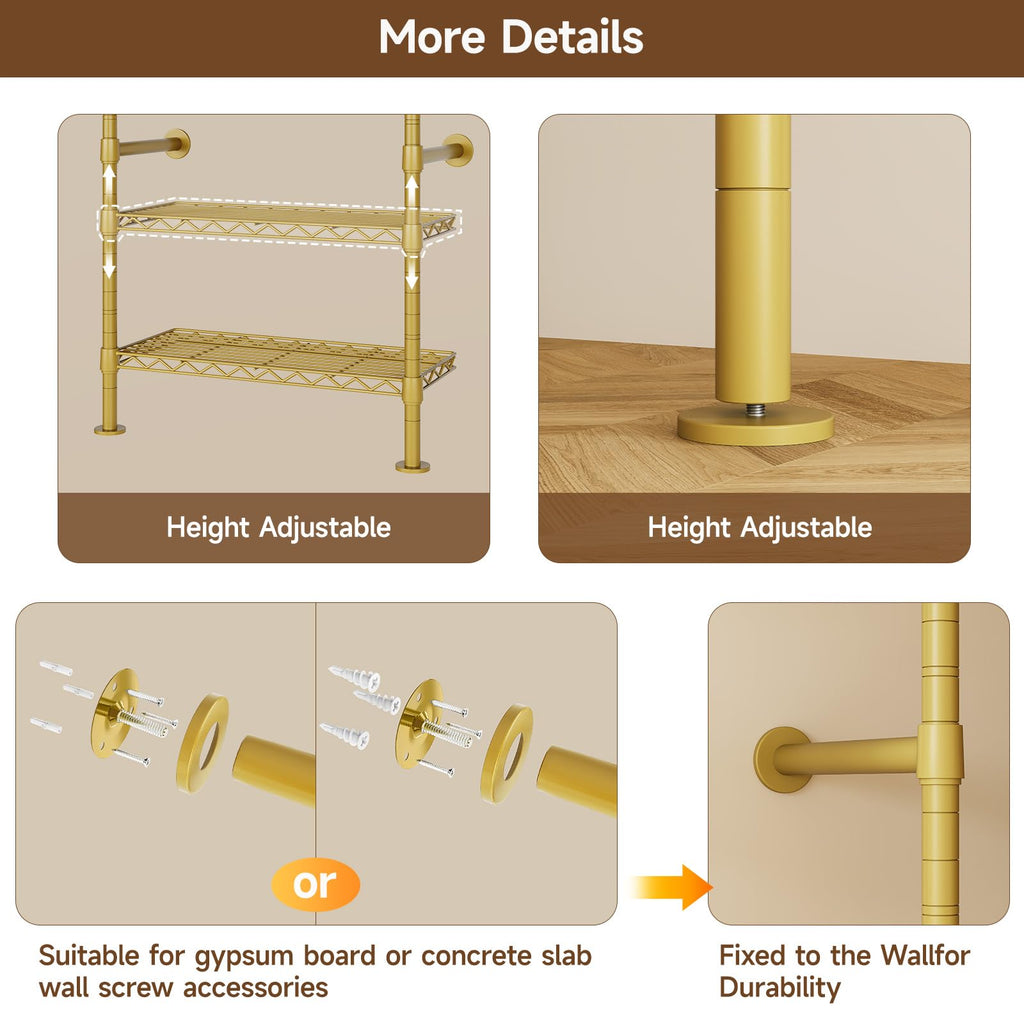 H6 Wall Mounted Closet System, Industrial Pipe Clothes Rack, Gold
