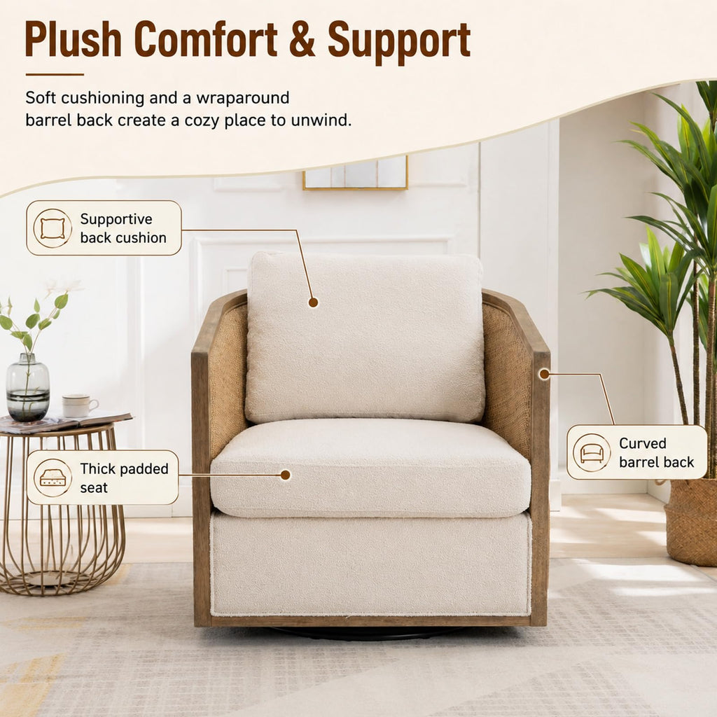 Mid Century Modern Rattan Accent Chair | Solid Wood Armchair with Natural Hand-Woven Cane | Modern Corner Club Chair