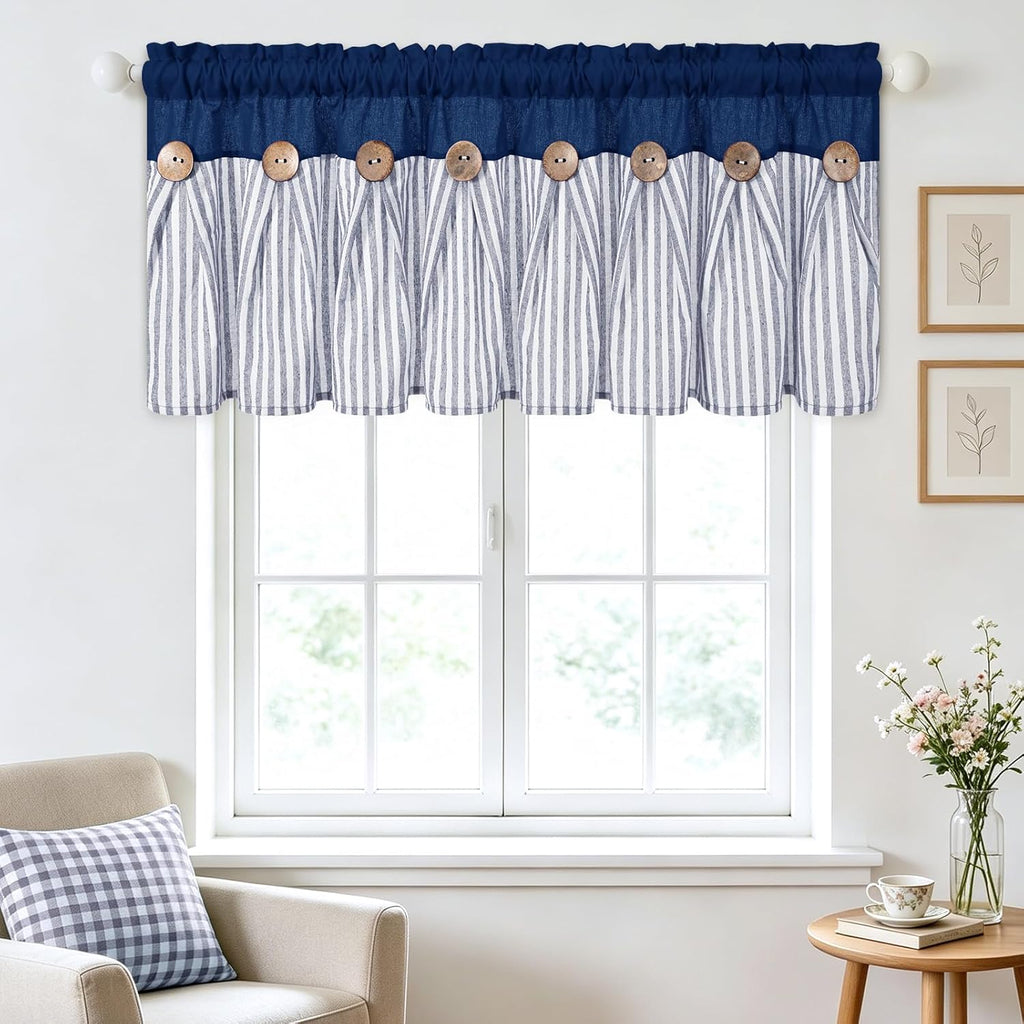 Farmhouse Valances for Windows, Boho Kitchen Curtains with Rustic Buttons, Blue Striped Valance, Cotton Linen Window