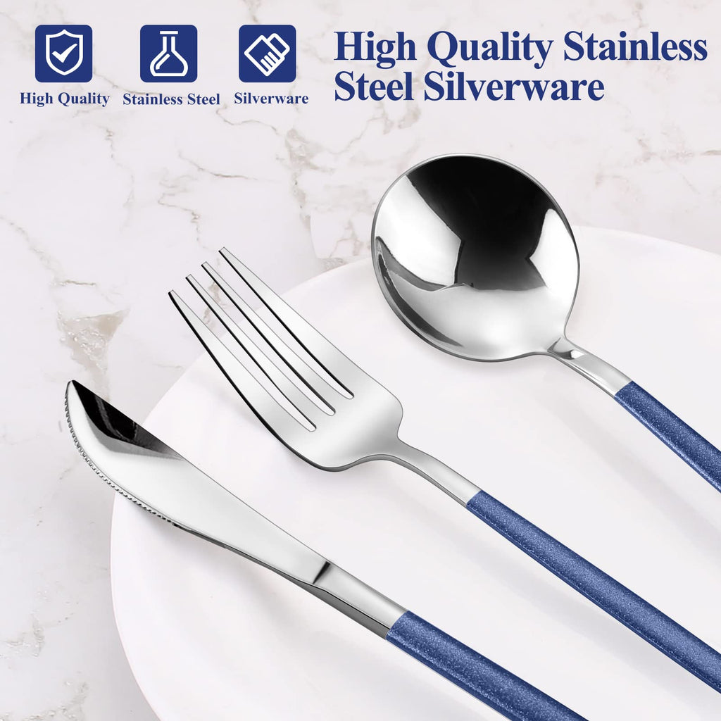 Mirror Silver Blue Silverware Set, 20-Piece Stainless Steel Flatware Set, Satin Finish tableware Cutlery Set, Service