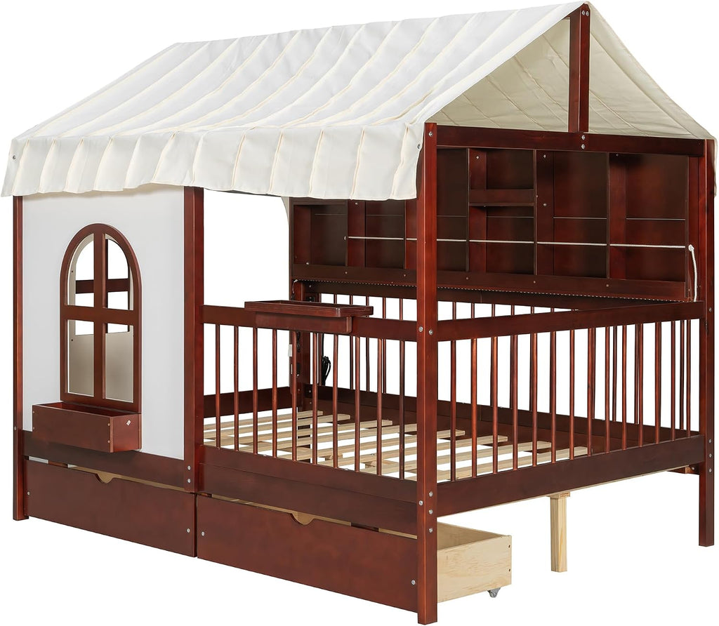 House Bed with 2 Large Drawers and Side Bookshelf, Espresso