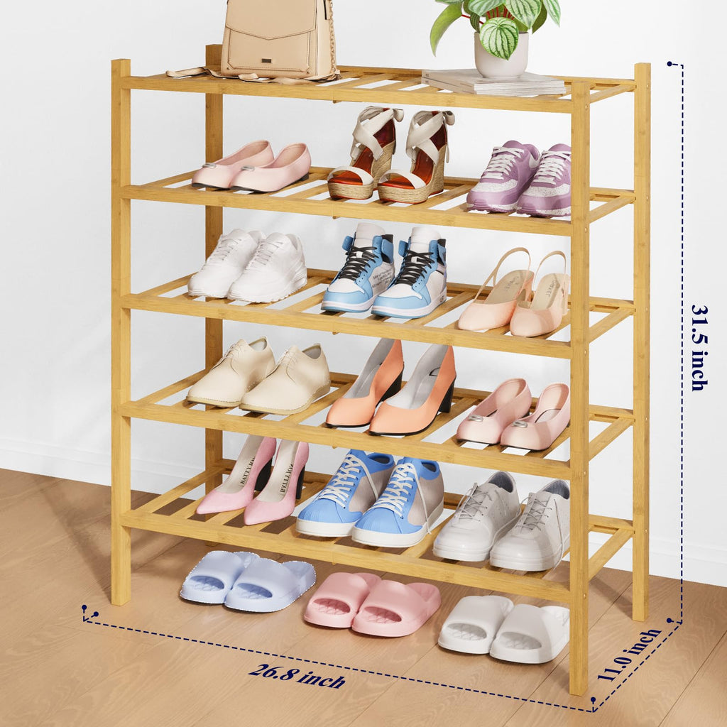 Bamboo Wooden Shoe Rack for Closet, 26.8" Wide - 5 Tiers, Natural