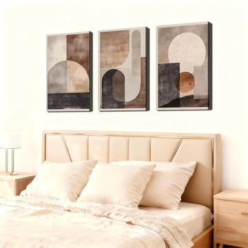 Wall Art Set of 3 - Neutral Geometric Abstract Decor, Brown & Beige Textured Prints, Big Minimalist Wall Art, Framed