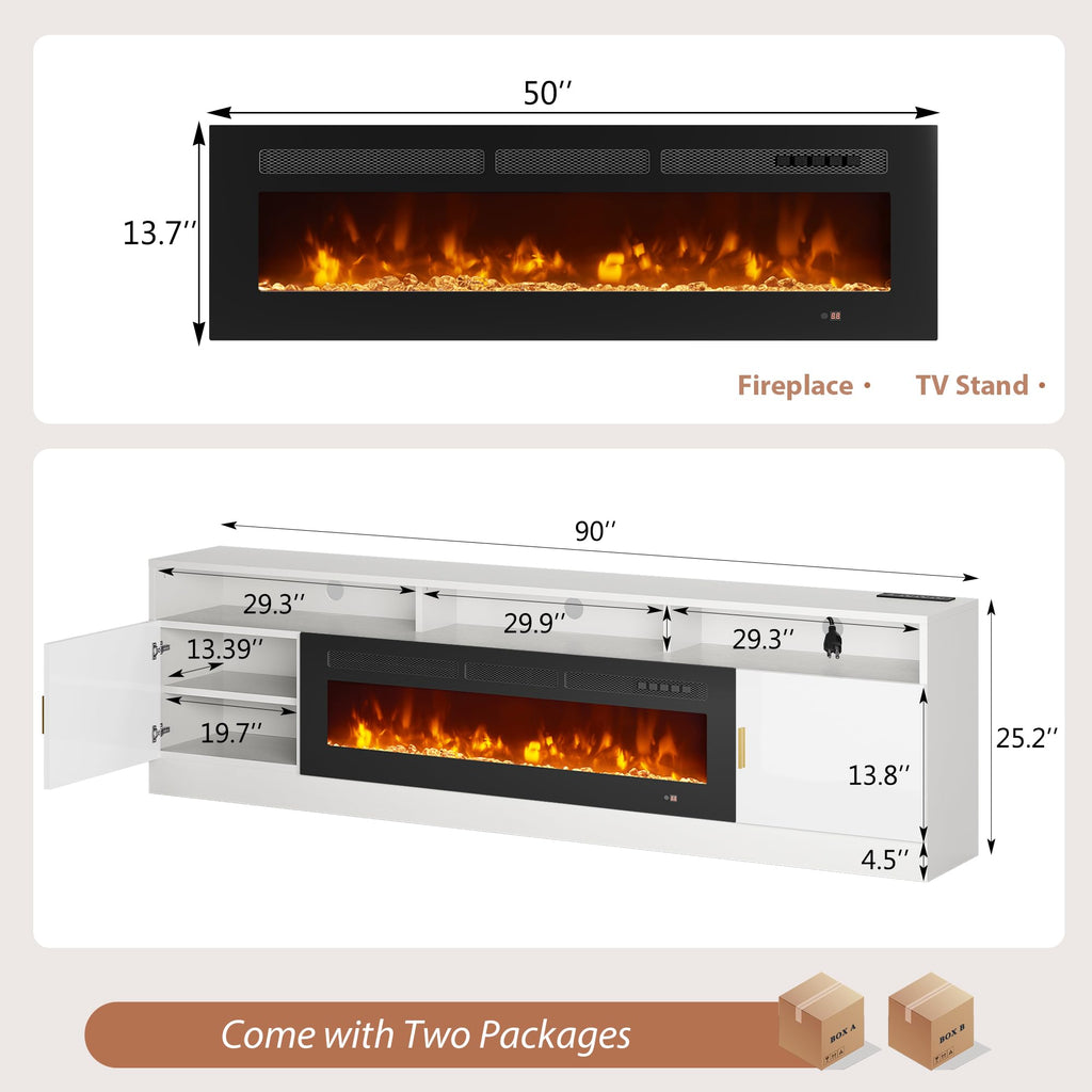 90" Fireplace TV Stand for TVs up to 100", Modern Entertainment Center with 36" Electric Fireplace, Built-in Power