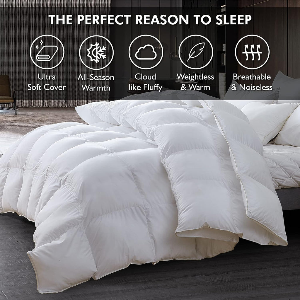 Luxurious Full/Queen Goose Down Comforter, Unique White Solid, 600 Thread Count, 100% Egyptian Cotto