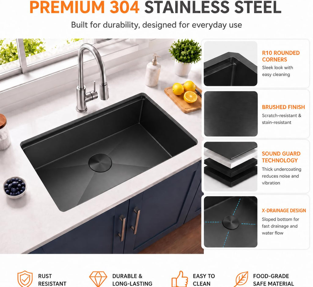 Black Undermount, 32 x 18 Inch Stainless Steel Sink