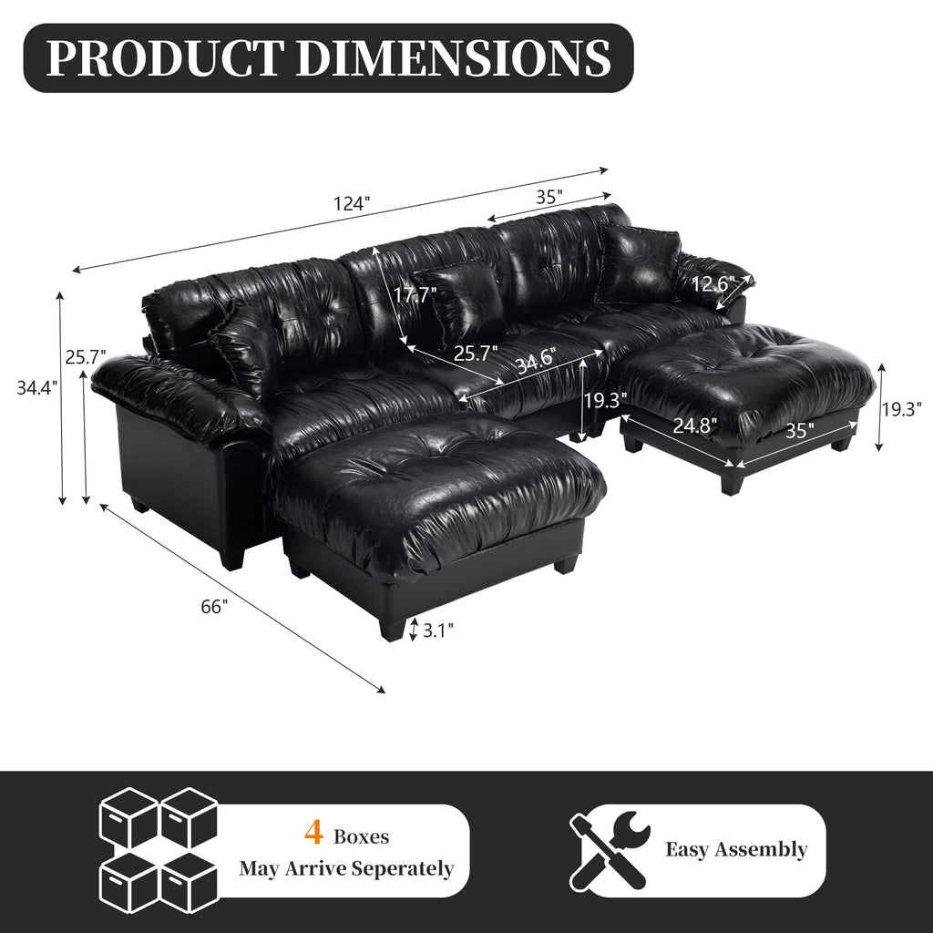 124" Black Leather U Shape Cloud Couch, 3 Seat Modular Sectional Sofa