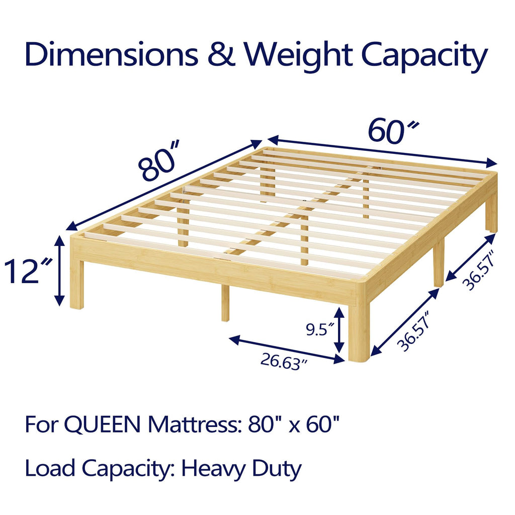 12 Inch High Bamboo Wood Heavy Duty Queen Bed Frame No Box Spring Needed, Platform Bed Frame Queen Size with Metal