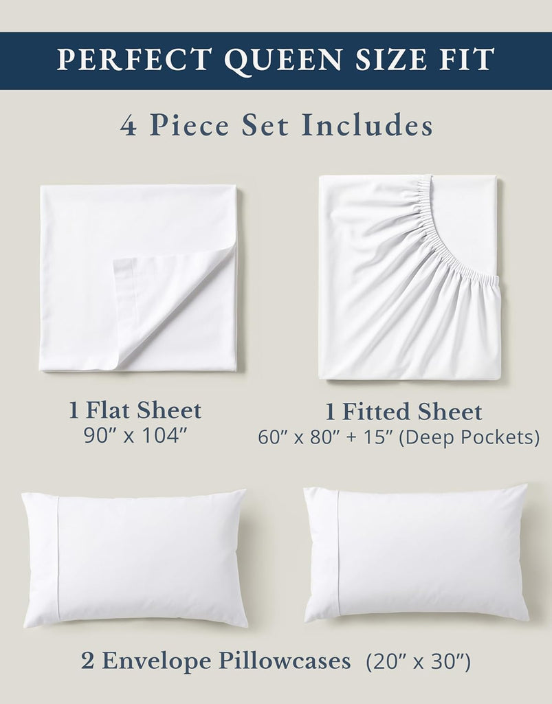 Queen Sheets 100% Organic Cotton 4pc Percale Cooling - White | Queen Sheet Set, GOTS Certified Organic Cotton Percale