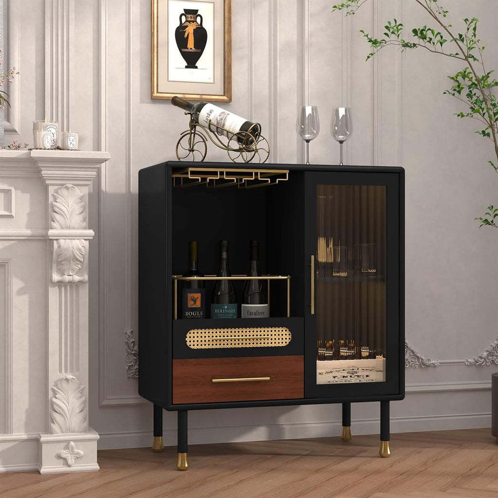 Modern Coffee Bar Cabinet with Pull-Out Wine Storage, Black | Bar Cart with Wine Glass Rack and Drawers, Liquor