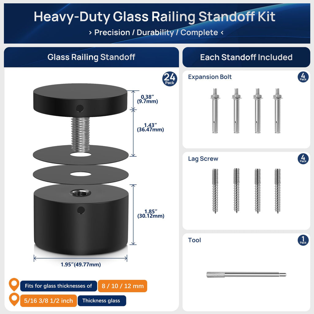 24 Pack 2"x2" SS316 Glass Railing Standoff Solid Heavy Duty Black