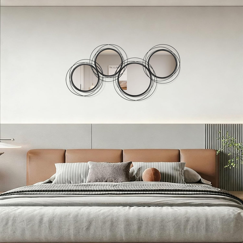 Round Decorative Wall Mirror, Black 4 Pcs Circle Modern Mirror Wall Art Ring Metal Mirrors Wall Mounted Bedroom