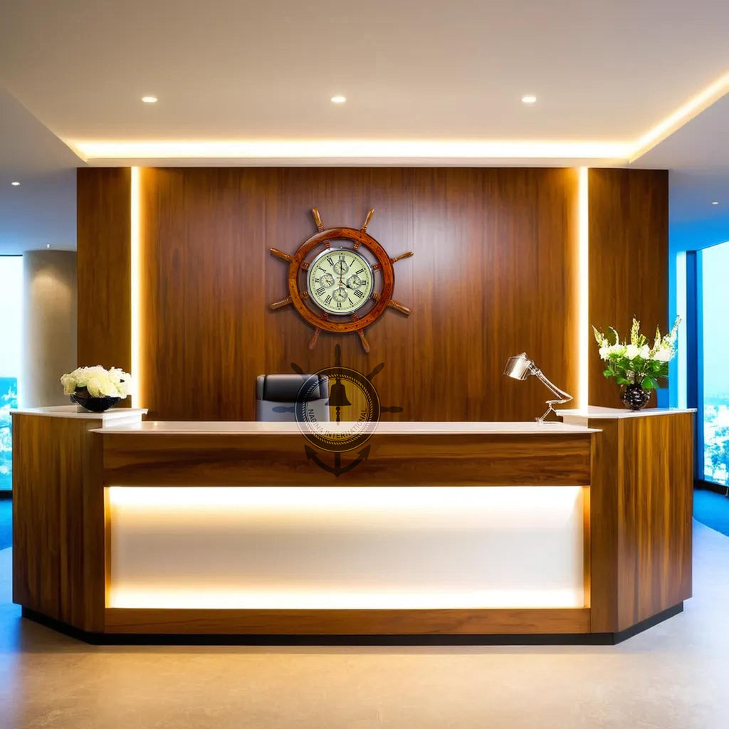 30" Premium Mahogany Crafted Large Nautical Ship's Wheel Times World Clock | Nautical Home Decor & Gifts (30 Inches