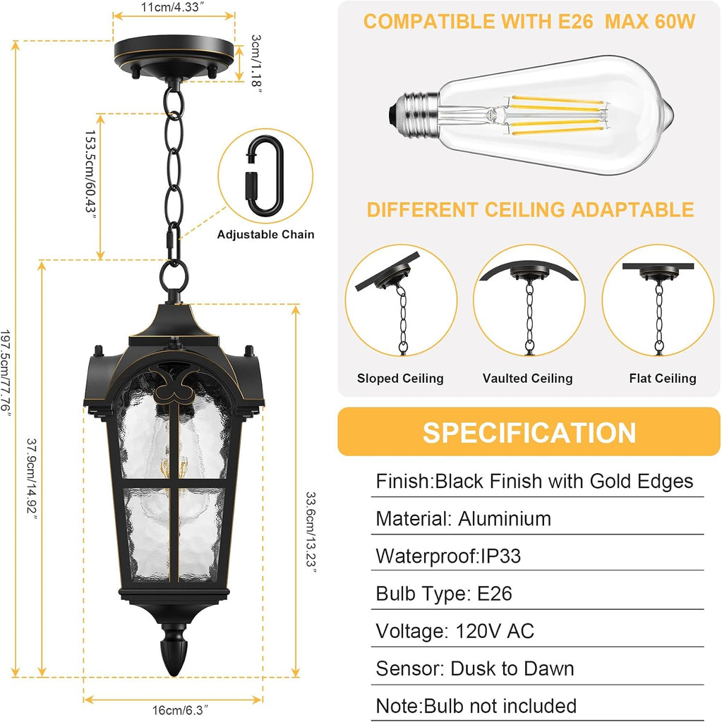 Outdoor Pendant Light Dusk to Dawn for Porch,Anti-Rust Aluminum Outdoor Chandelier