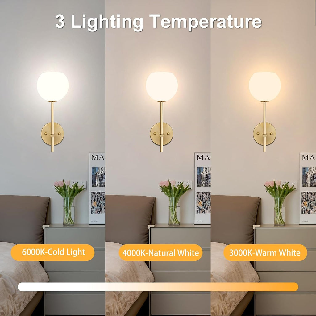 Gold Battery Operated Wall Sconces Set of 2, Rechargeable Wireless Wall Lights with Milky White Frosted Glass Shade