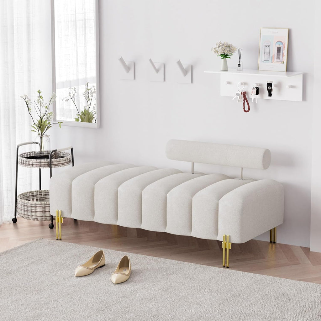 52.2" Velvet Upholstered Bench Ottoman with Adjustable Backrest,Beige White | Modern Channel Tufted End of Bed Bench