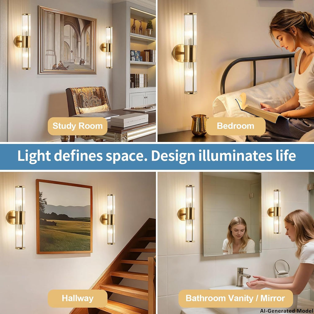 Brushed Brass Vanity Light Fixture 1 Pack, Dual Glass Rods Wall Sconce , Double Light Socket E12 Candelabra Base