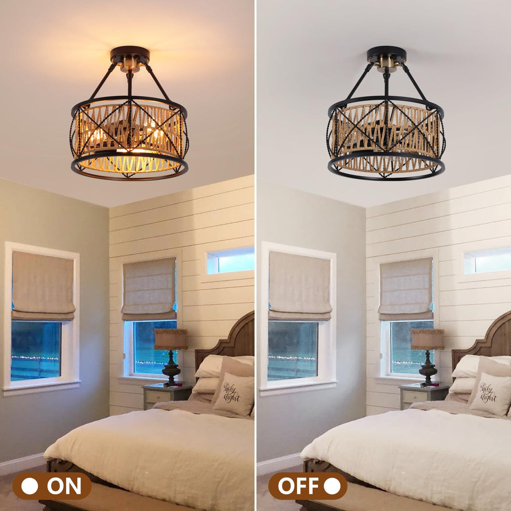 3-Light Hand Woven Boho Ceiling Light, Farmhouse Industrial Dual Round Semi Flush Mount Chandelier, Black Gold Rattan