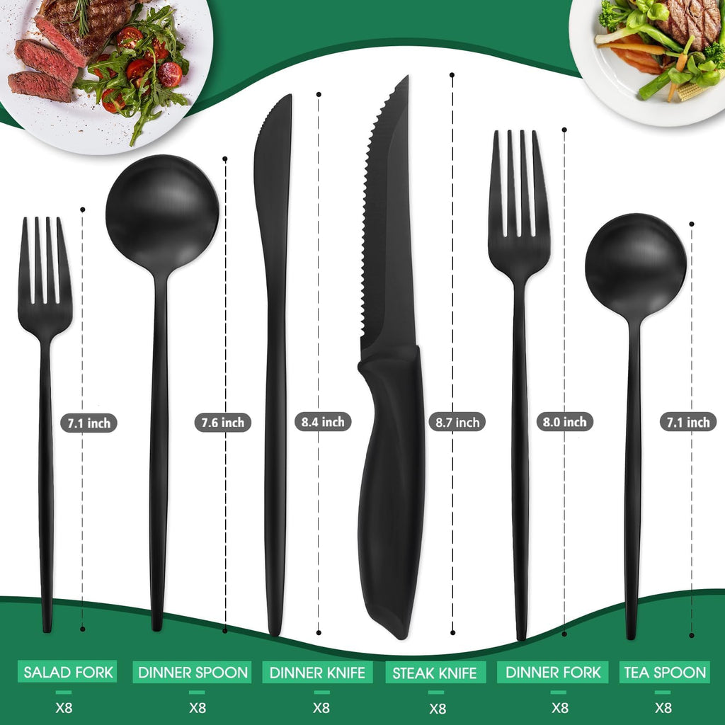 48 Pieces Matte Black Silverware Set with Steak Knives,Satin Finish tableware Cutlery Set,Black Flatware Set