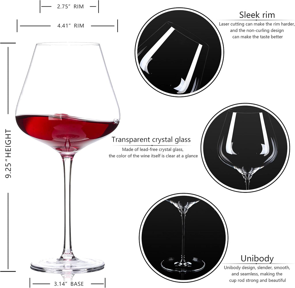 Hand Blown Red Wine Glasses Set of 4 - 23 oz Burgundy Wine Glasses With Long Stem - Large Premium Crystal Wine Glass