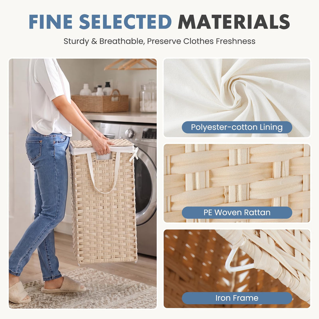 Laundry Basket with Lid, 90L Wicker Laundry Hampers, Summer Sand